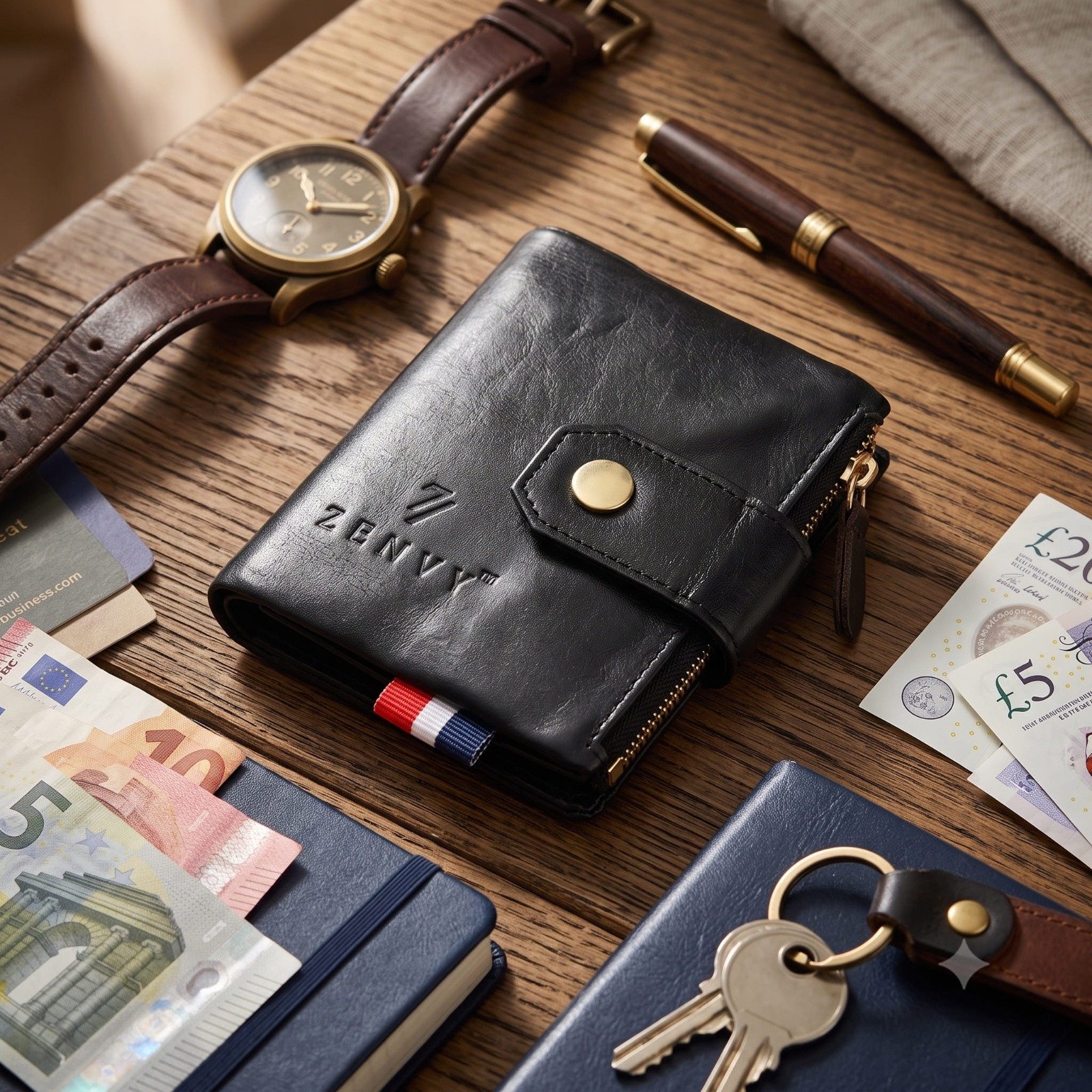 Zenvy Apex Dual-Zip Leather Bi-Fold Wallet